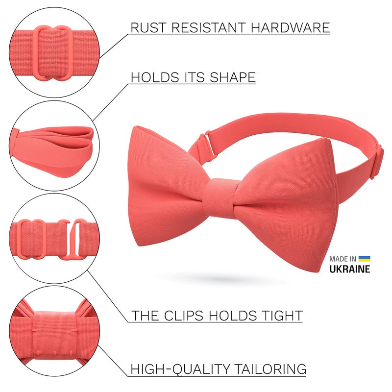 Bow Tie House Coral Red Mens Bow Tie for Men Bow Ties Gabardine Material for Adults Big Bowtie Formal Pre-Tied Fabric Clip on Shape in Solid Handmade Colors for Prom & Wedding (Large, Coral) - Image 2